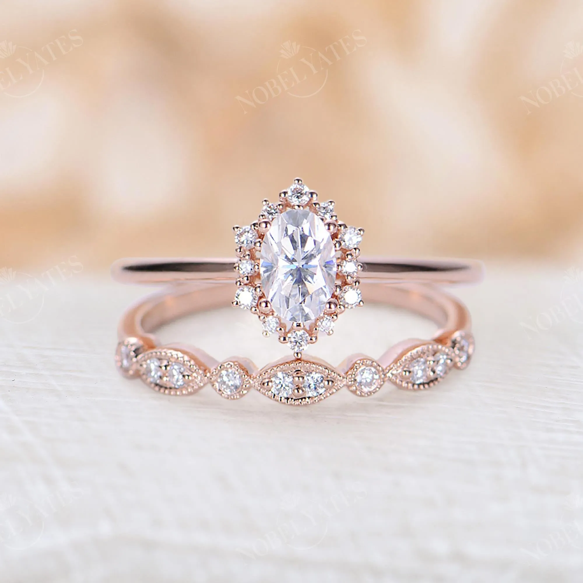 Vintage Oval Moissanite Halo Engagement Ring Set Rose Gold