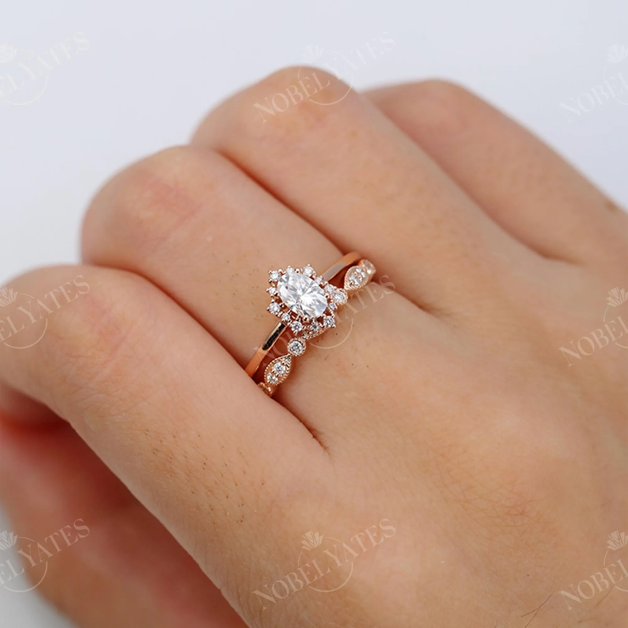 Vintage Oval Moissanite Halo Engagement Ring Set Rose Gold