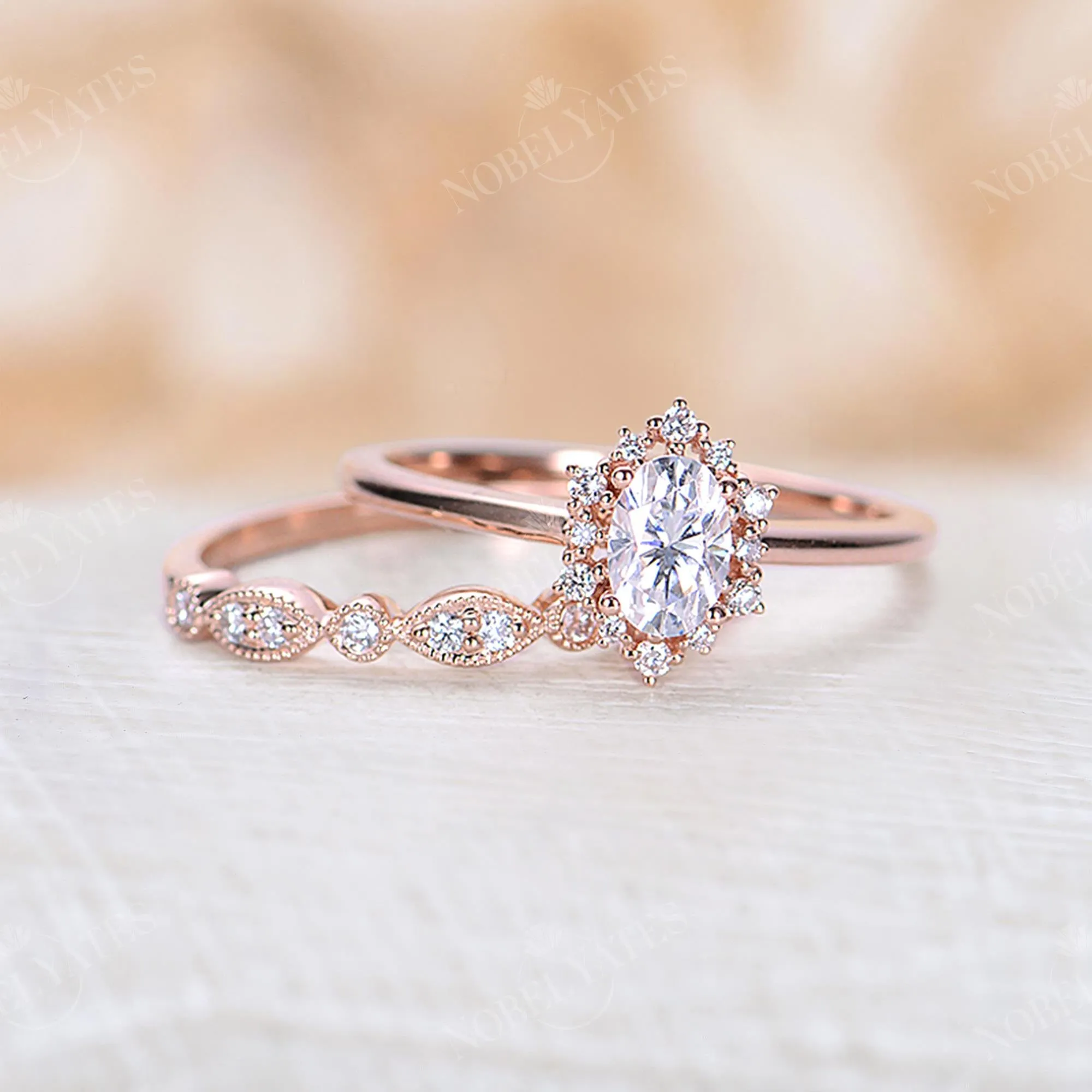 Vintage Oval Moissanite Halo Engagement Ring Set Rose Gold