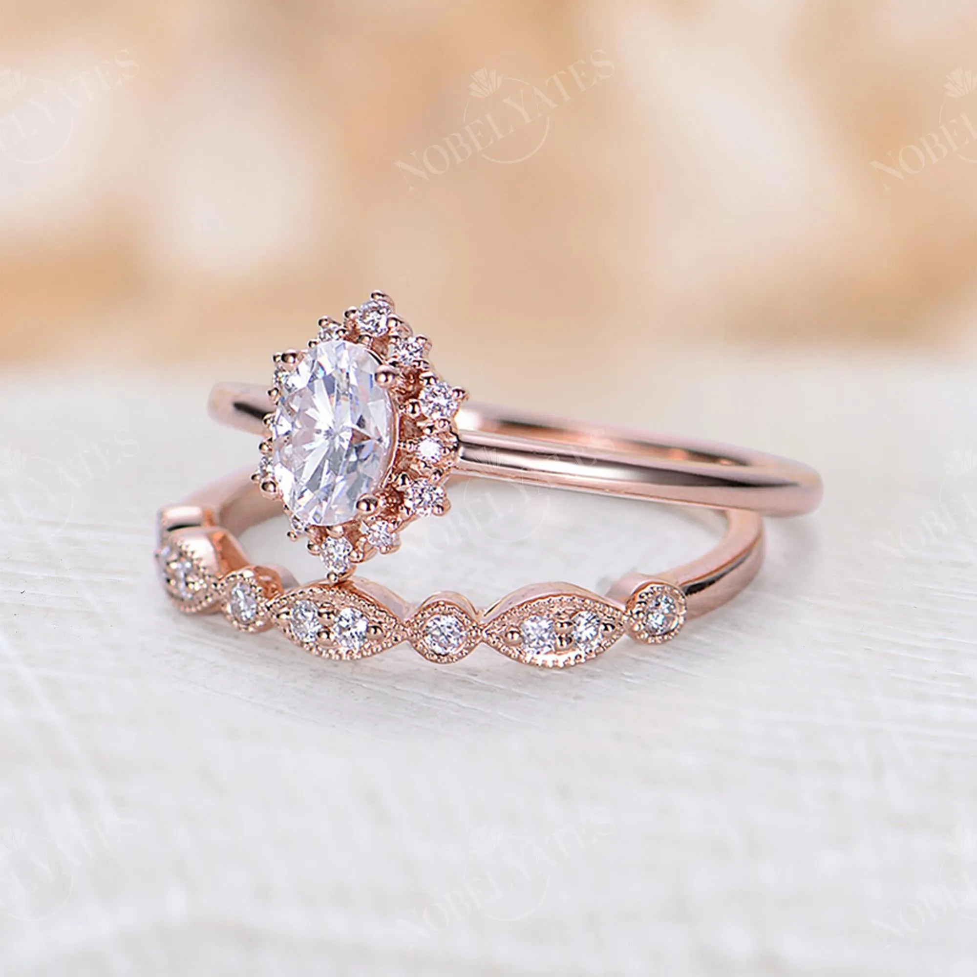 Vintage Oval Moissanite Halo Engagement Ring Set Rose Gold