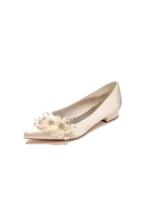 White Elegant Pointed Toe Low Heels with Rhinestone Flower