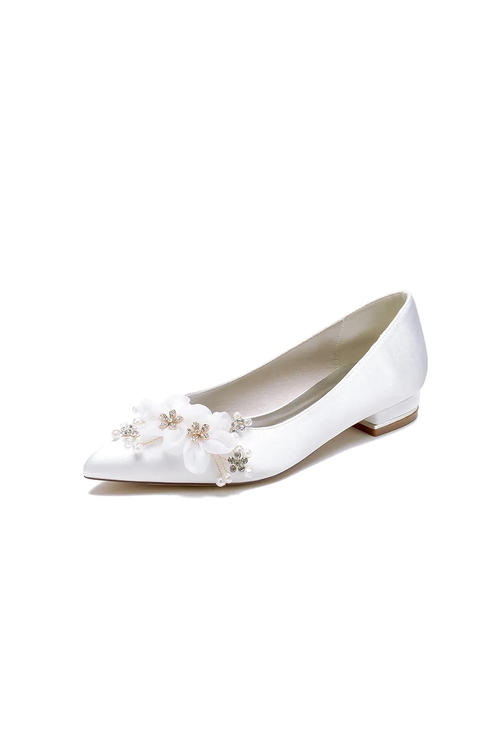 White Elegant Pointed Toe Low Heels with Rhinestone Flower