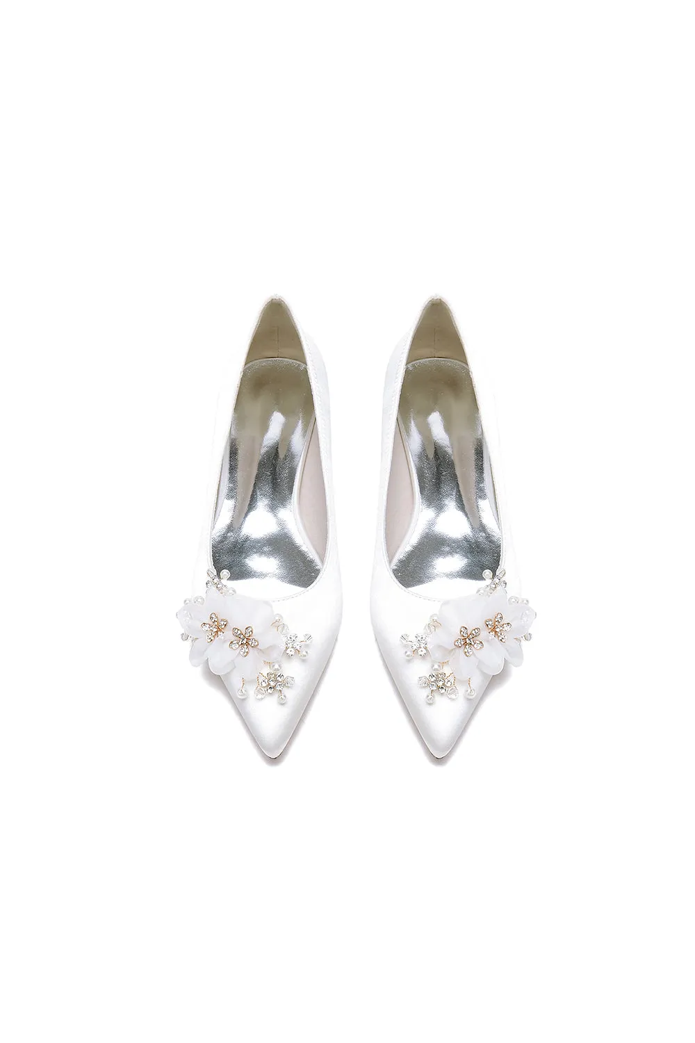 White Elegant Pointed Toe Low Heels with Rhinestone Flower