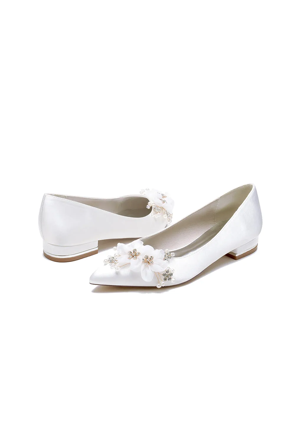 White Elegant Pointed Toe Low Heels with Rhinestone Flower