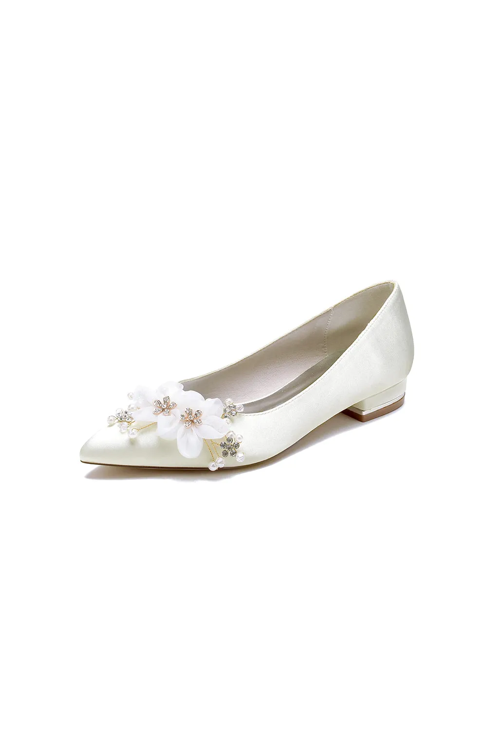 White Elegant Pointed Toe Low Heels with Rhinestone Flower