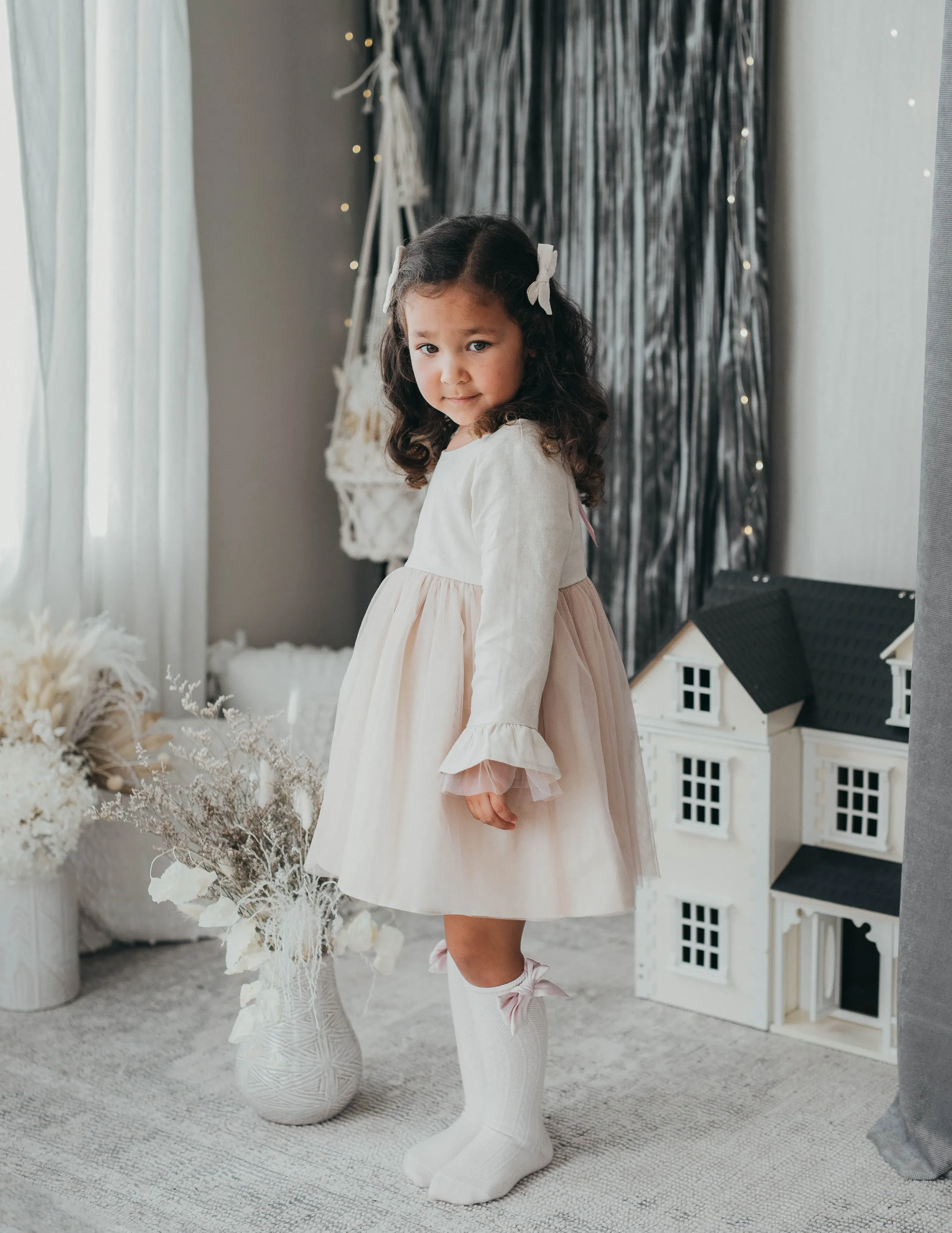 White Pink Linen Tutu Dress for Girls