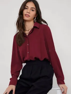 WINE SOLID BUTTON FRONT DROP SHOULDER SHIRT