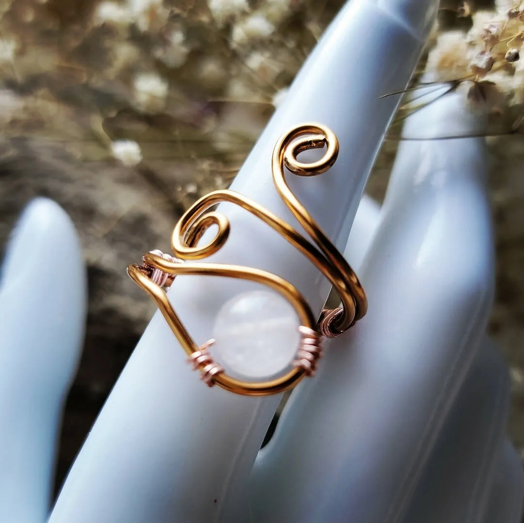 Wire-Wrapped White Jade and Copper Ring by Island Girl Art