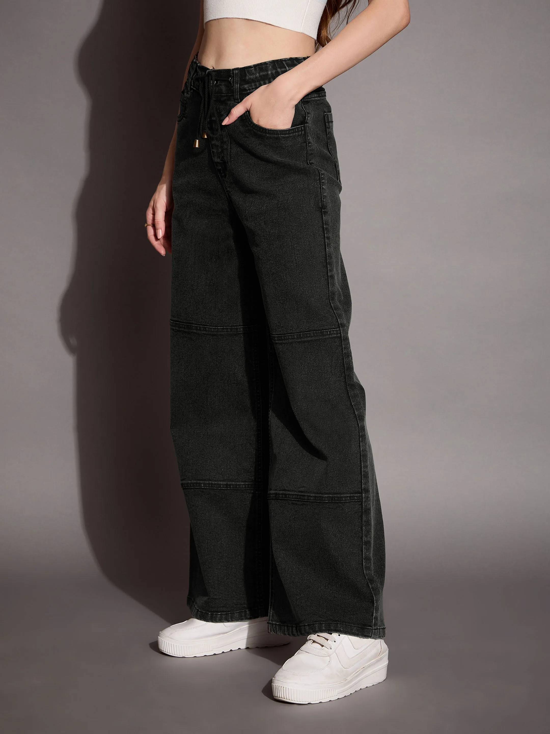 Women Black Wash Straight Fit Drawstring Jeans