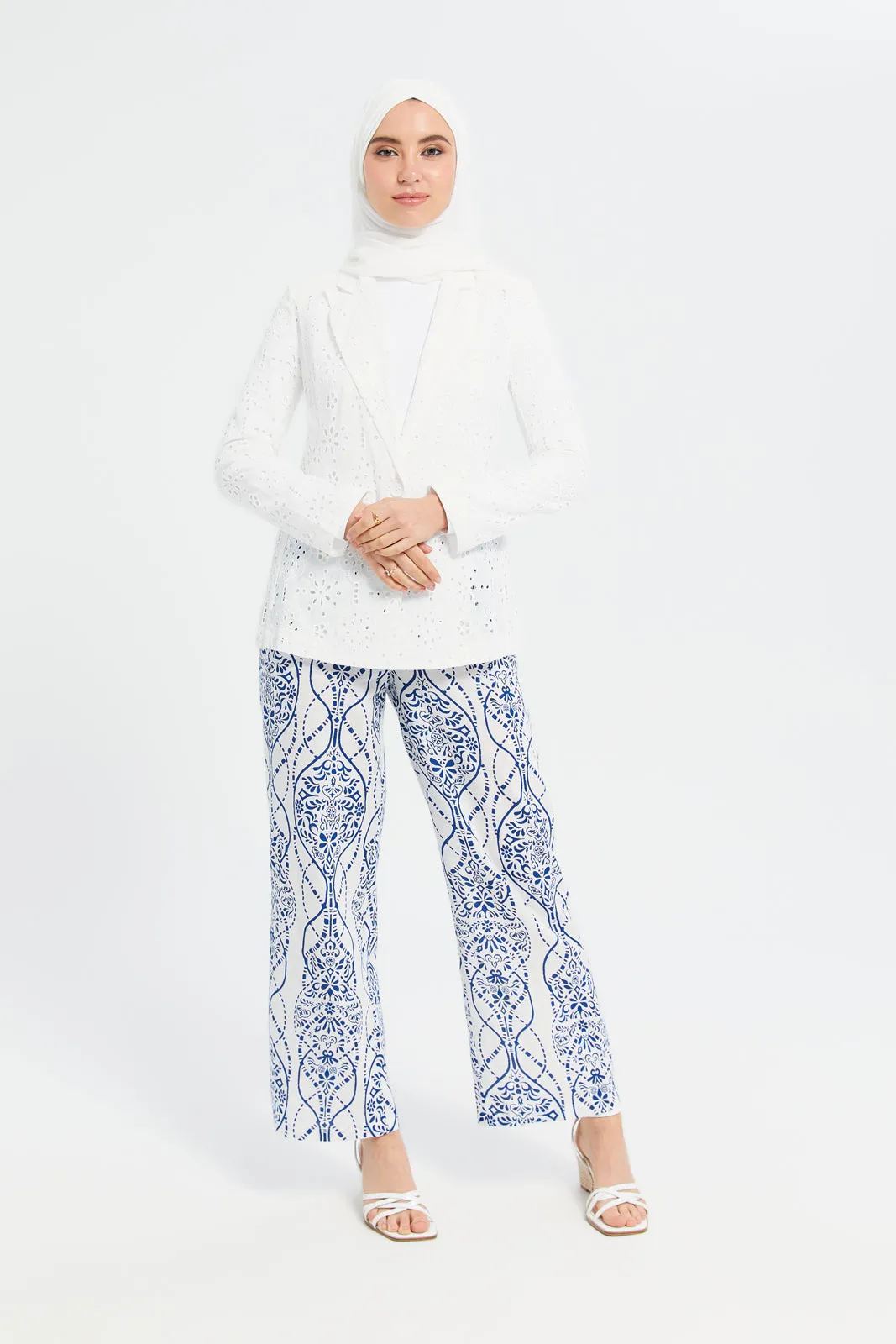 Women Blue And White Printed Wide Leg Trousers