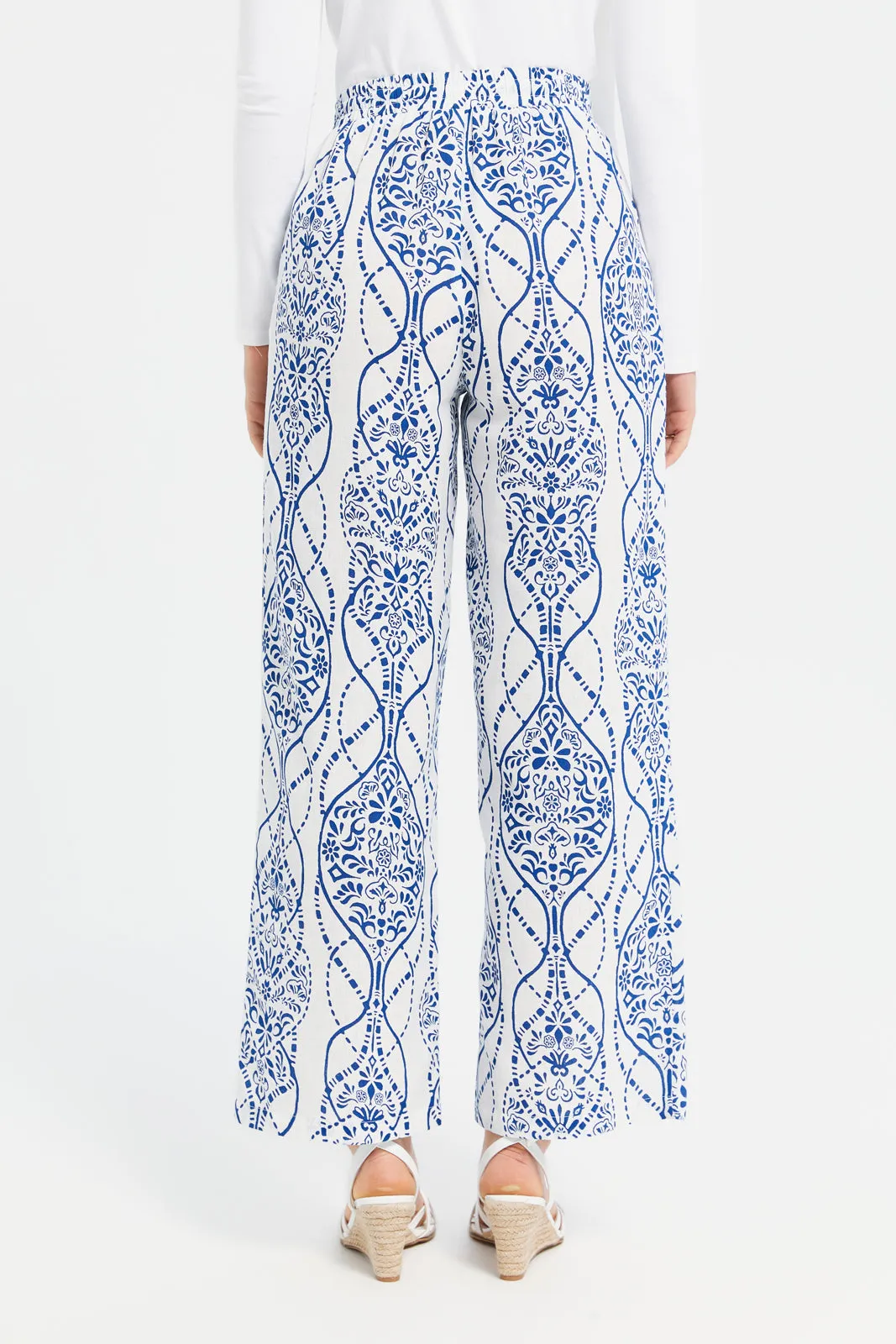 Women Blue And White Printed Wide Leg Trousers