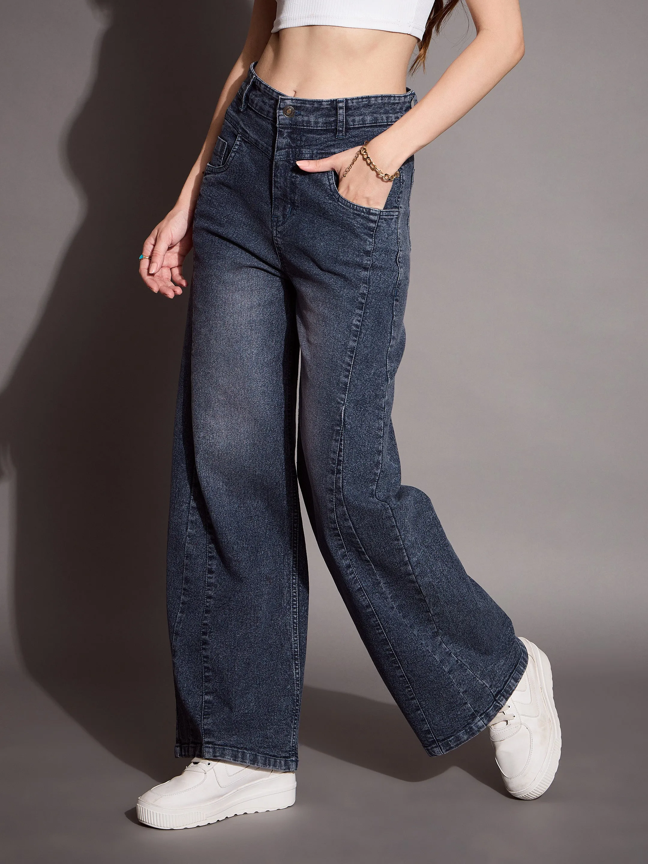 Women Blue Front Seam Straight Fit Jeans