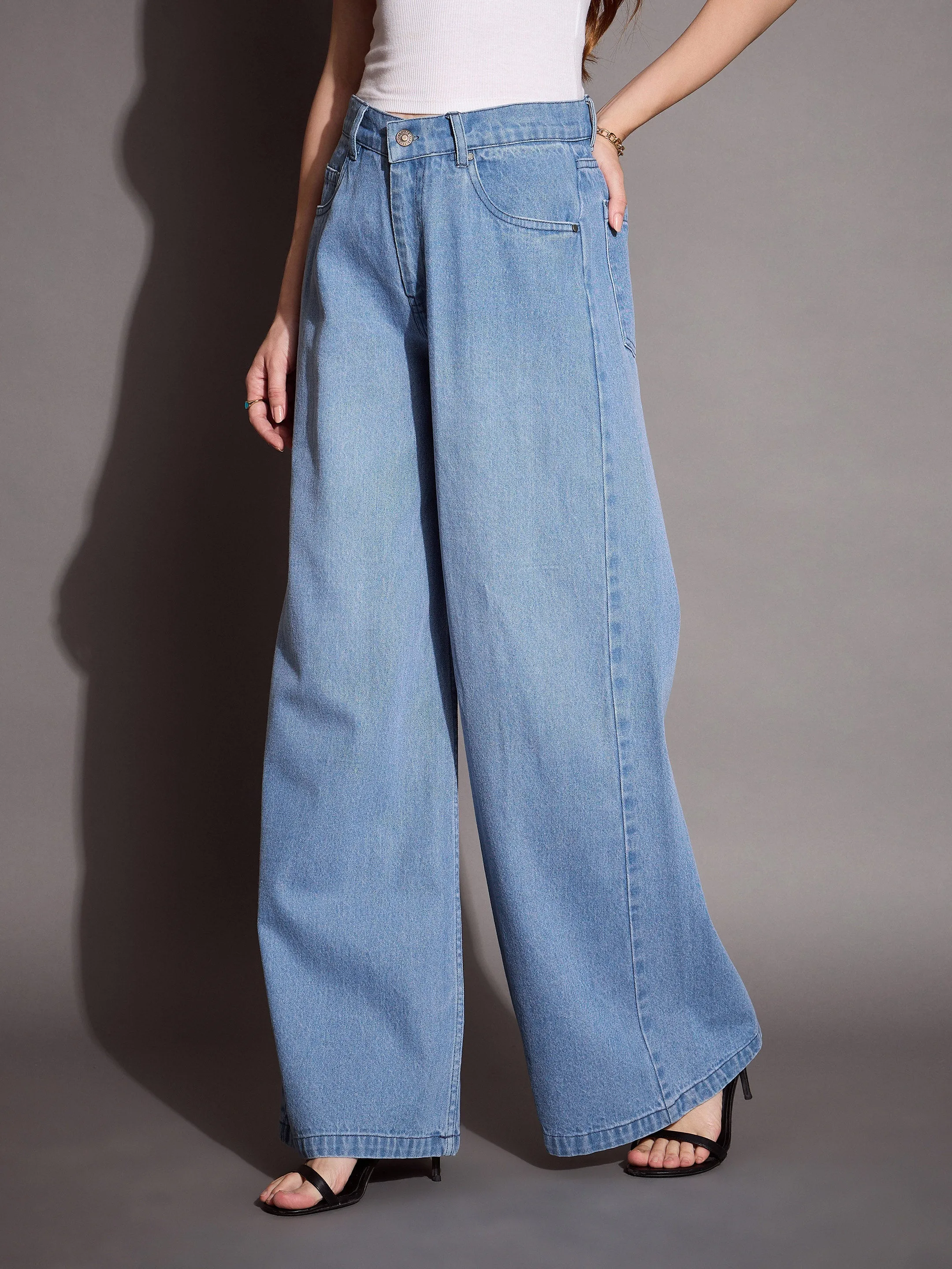 Women Blue Low Waist Wide Leg Jeans