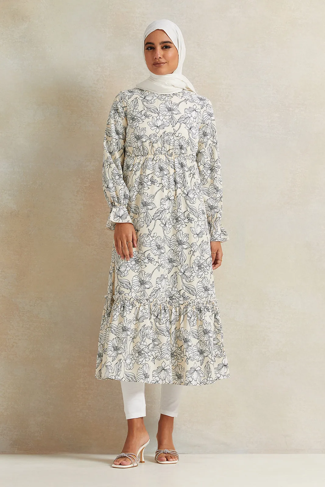 Women Ivory Printed Tier Dress