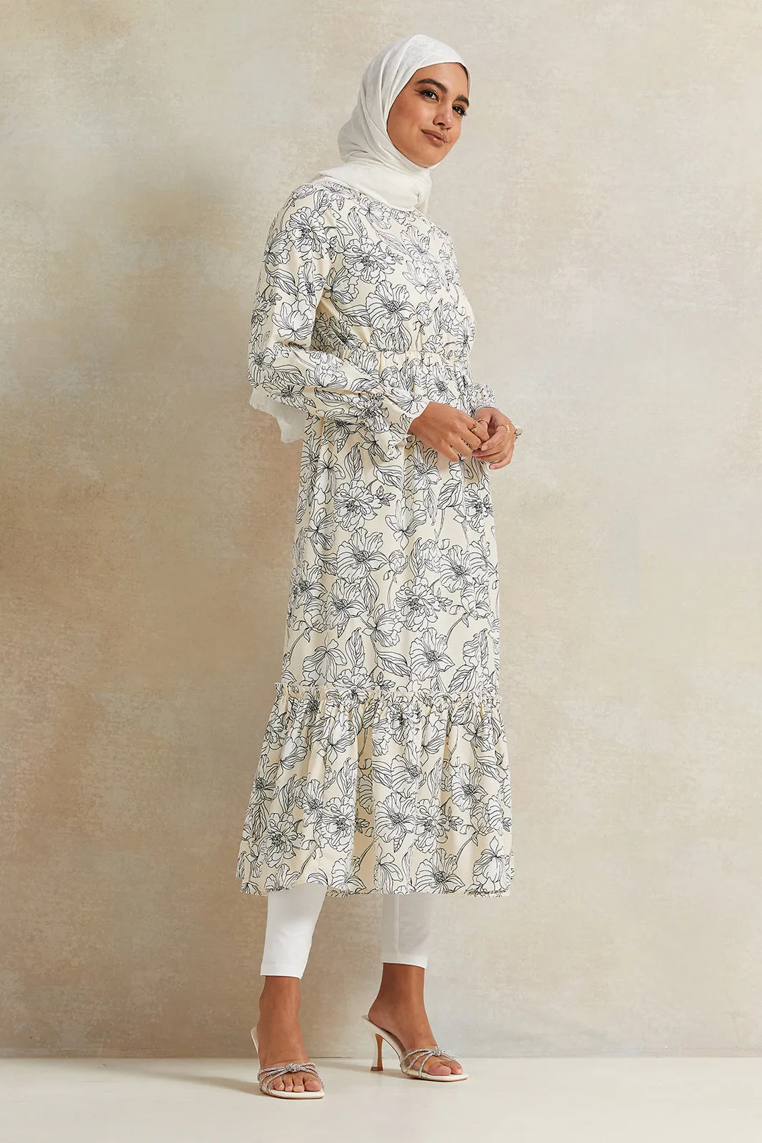 Women Ivory Printed Tier Dress