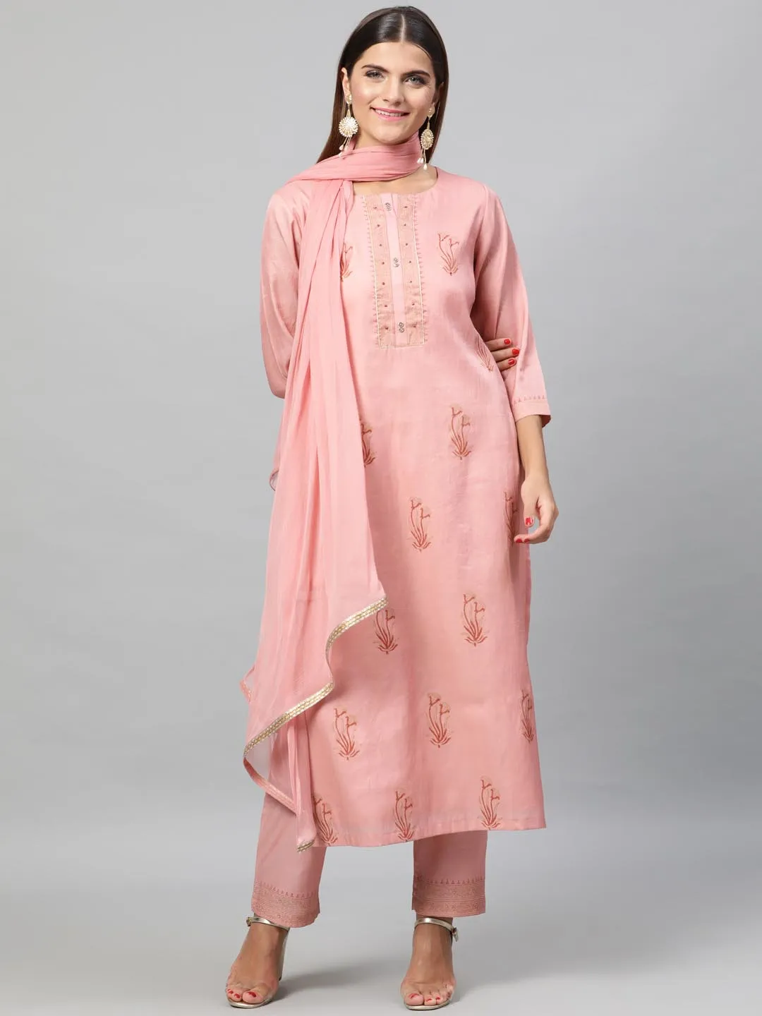 Women Peach-Coloured Gold-Toned Embroidered Kurta with Trousers Dupatta