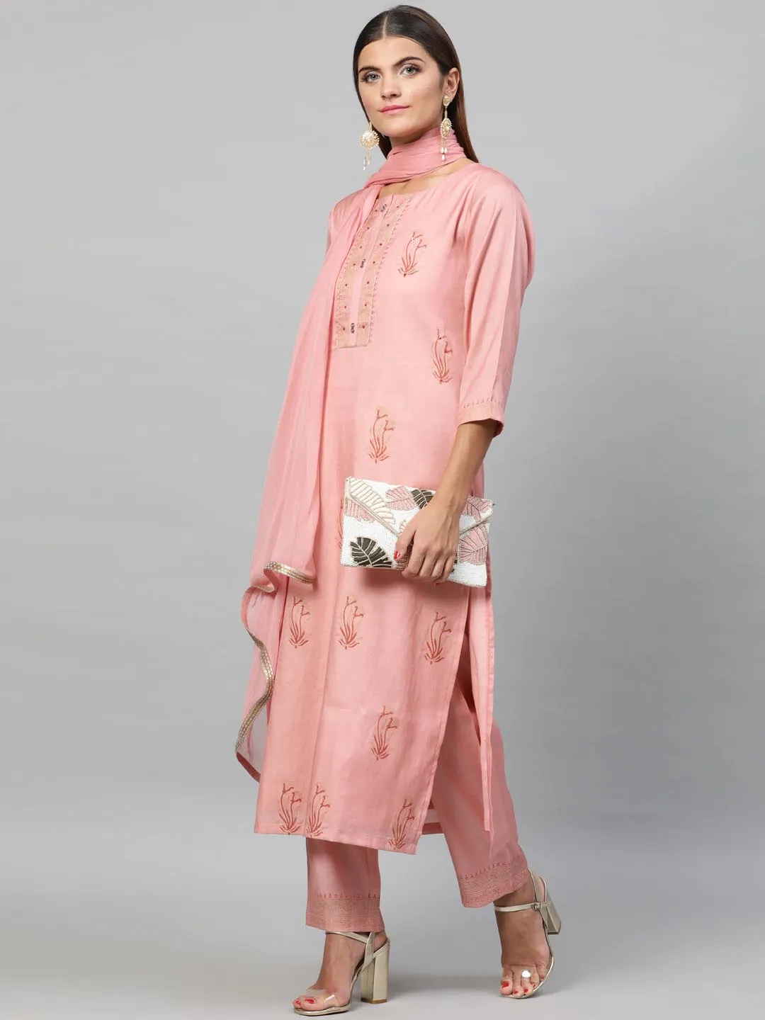 Women Peach-Coloured Gold-Toned Embroidered Kurta with Trousers Dupatta