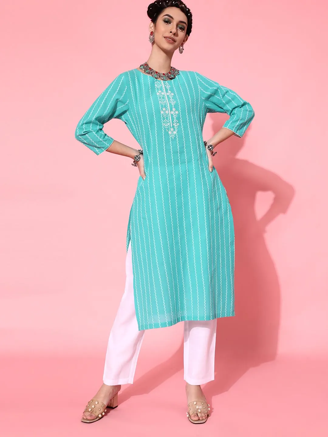 Women Turquoise Blue Ethnic Motifs Printed Pure Cotton Kurta with Trousers