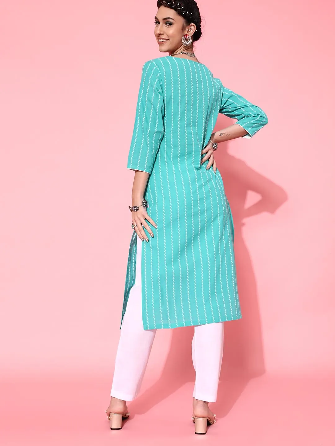 Women Turquoise Blue Ethnic Motifs Printed Pure Cotton Kurta with Trousers