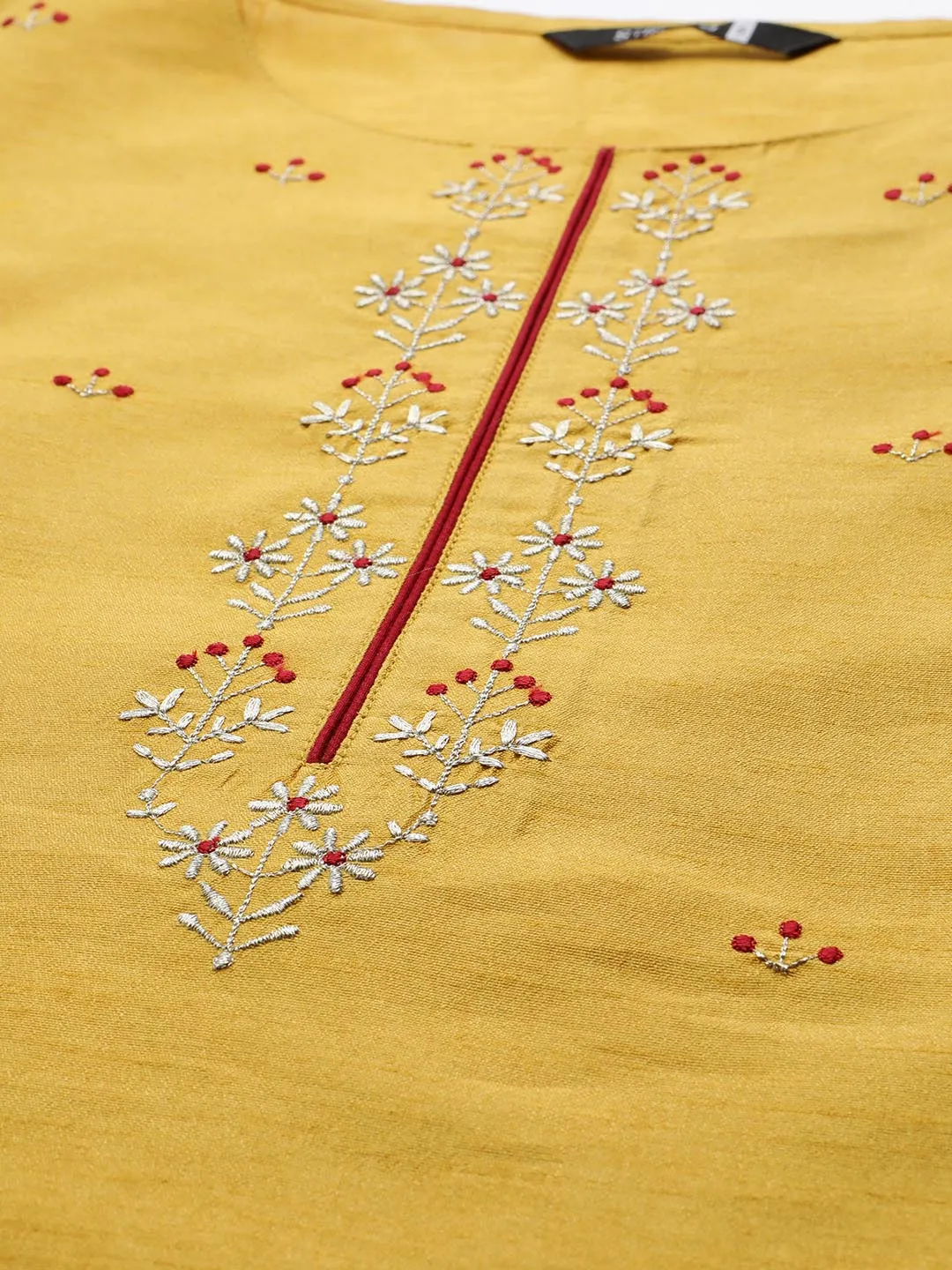 Women Yellow Maroon Floral Embroidered Regular Kurta With Trousers