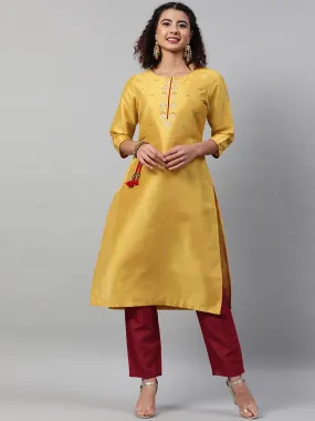 Women Yellow Maroon Floral Embroidered Regular Kurta With Trousers