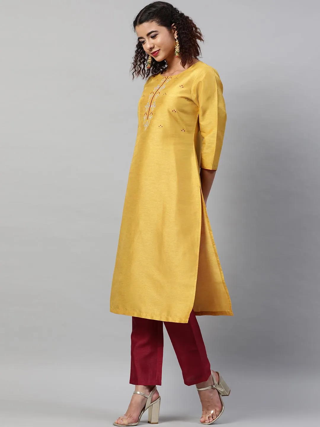 Women Yellow Maroon Floral Embroidered Regular Kurta With Trousers