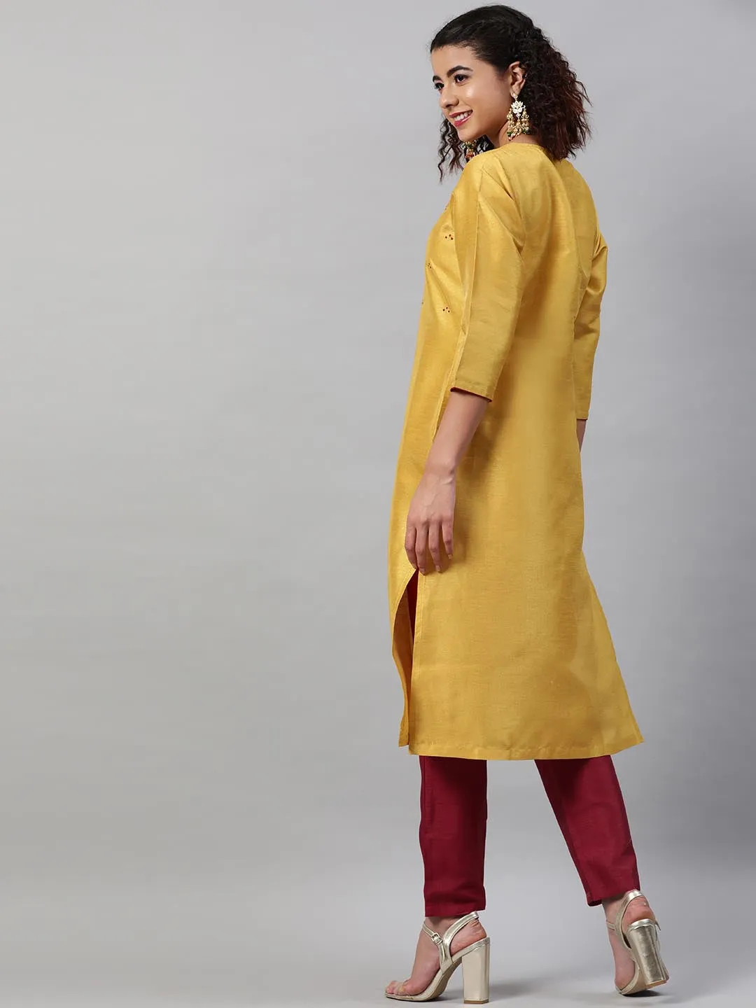 Women Yellow Maroon Floral Embroidered Regular Kurta With Trousers