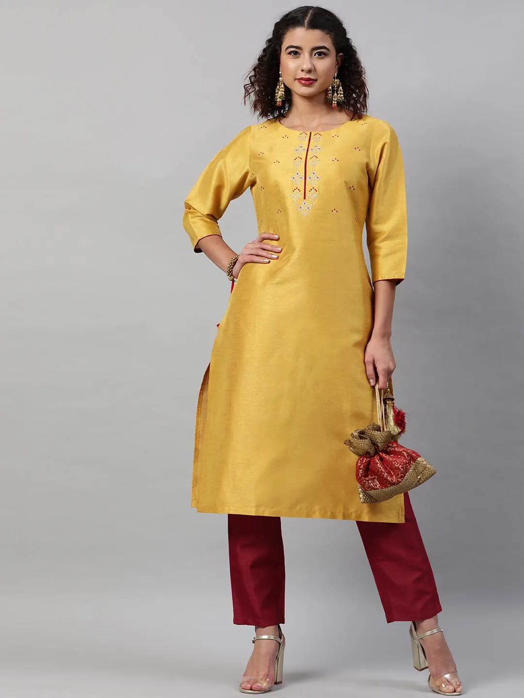 Women Yellow Maroon Floral Embroidered Regular Kurta With Trousers