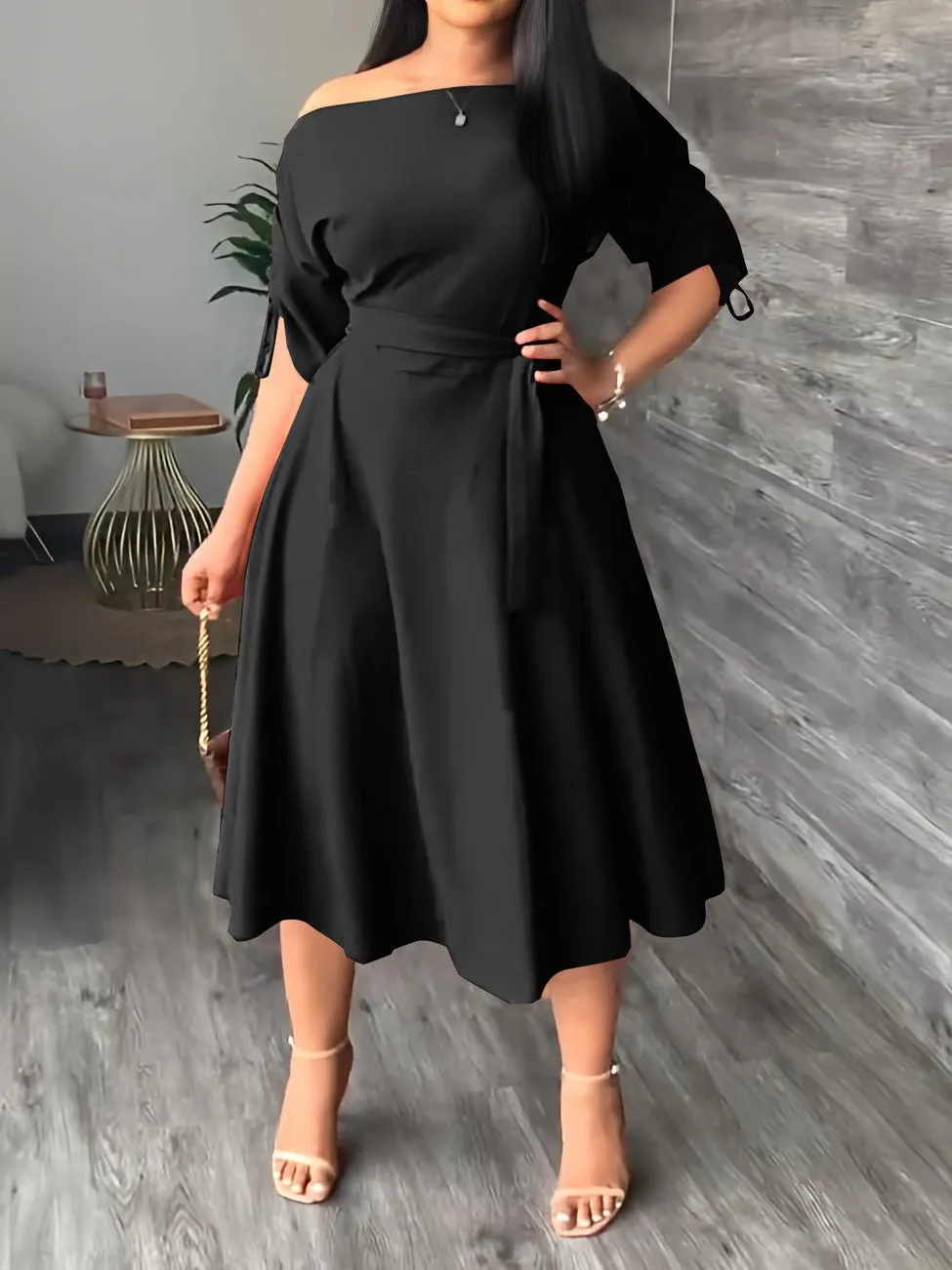 Women's Dresses Sloping Shoulder Tie Mid Sleeve Dress