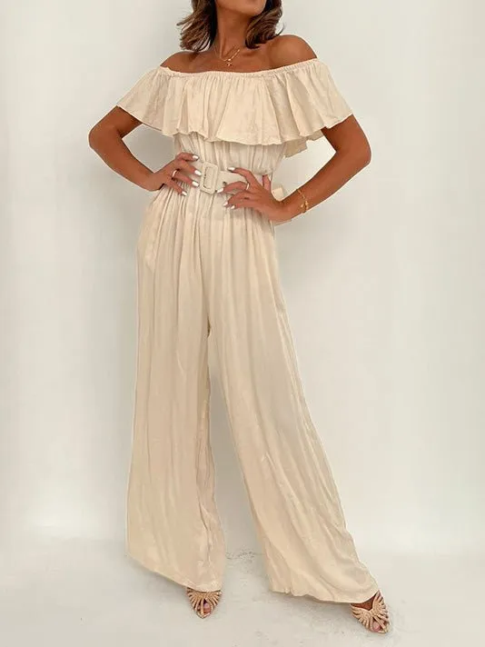 Women's Jumpsuits One-Shoulder Ruffle Belt Wide-Leg Jumpsuit