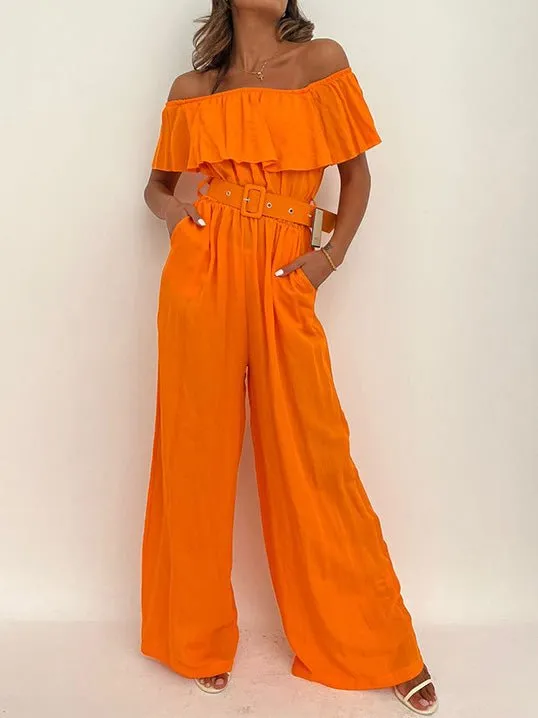 Women's Jumpsuits One-Shoulder Ruffle Belt Wide-Leg Jumpsuit