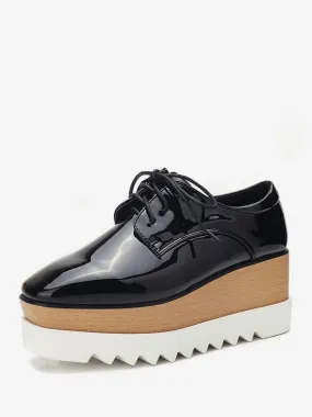 Square Toe Wedge Heel Patent Leather Oxfords