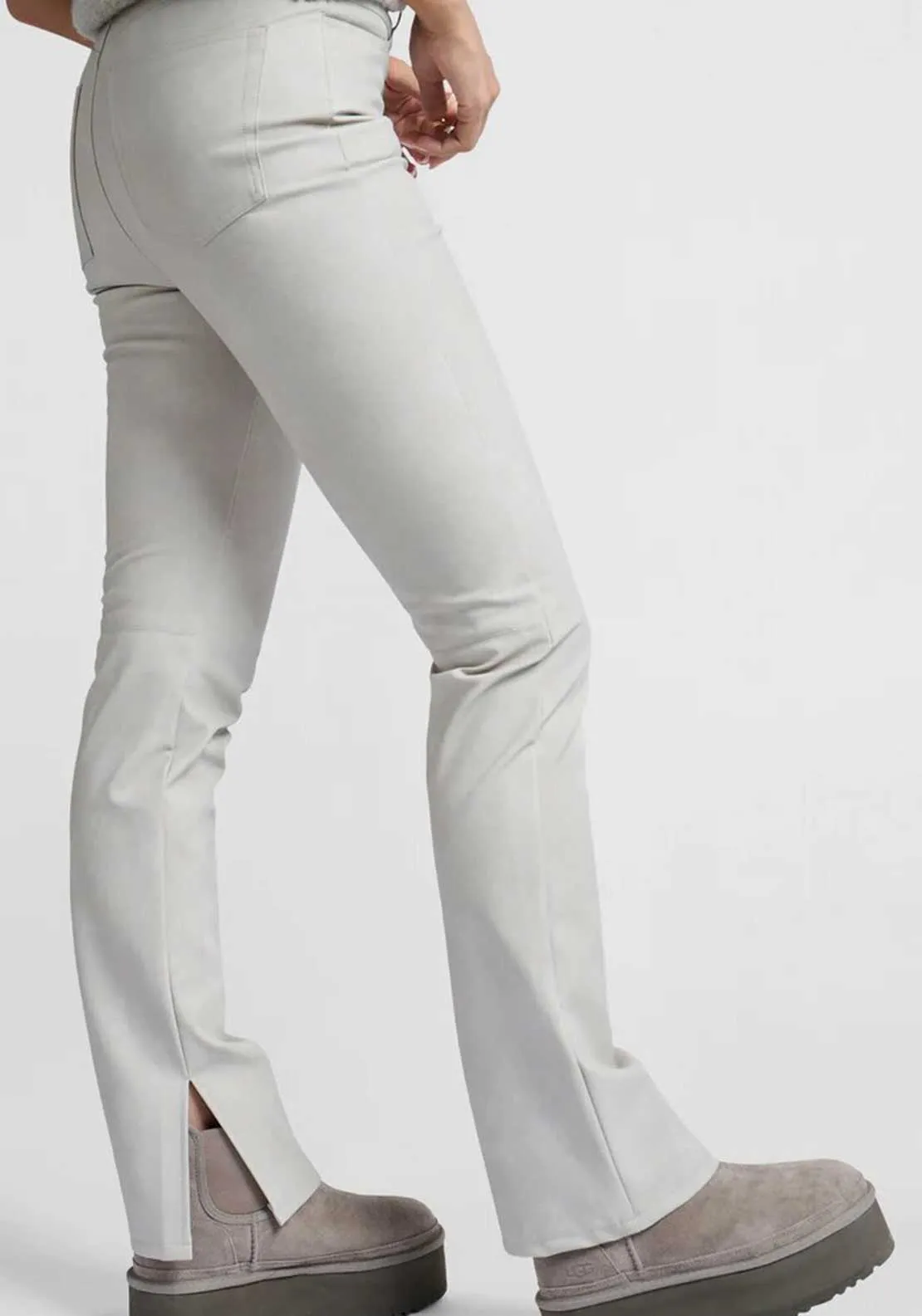 Yaya Long Split Hem Faux Leather Trousers, Light Grey