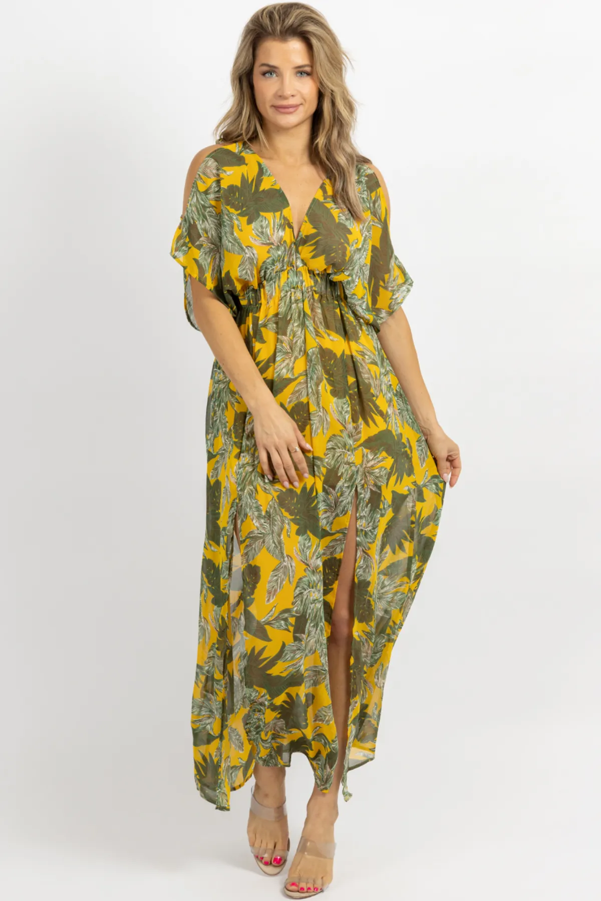 YELLOW PALM COLD SHOULDER MAXI DRESS