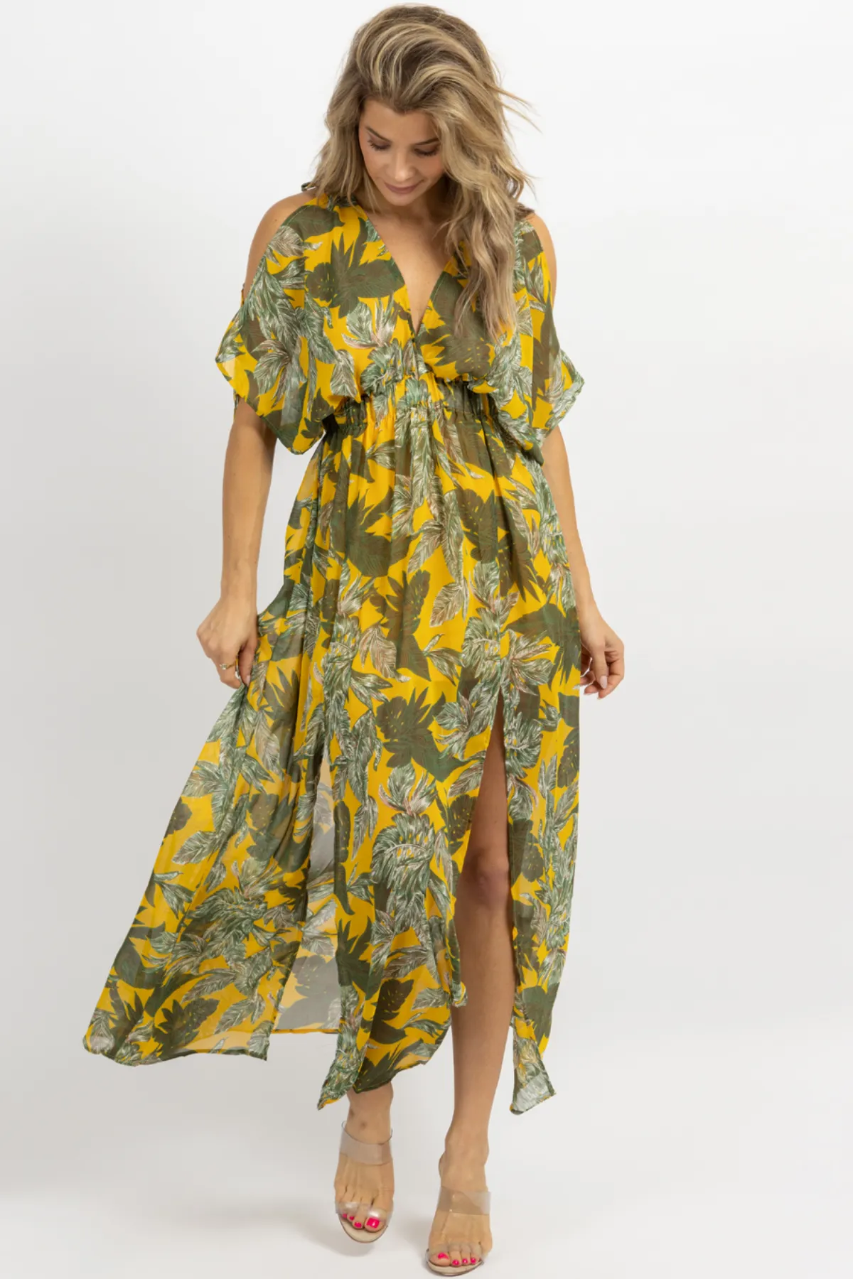 YELLOW PALM COLD SHOULDER MAXI DRESS