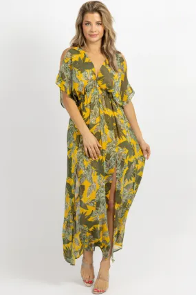 YELLOW PALM COLD SHOULDER MAXI DRESS