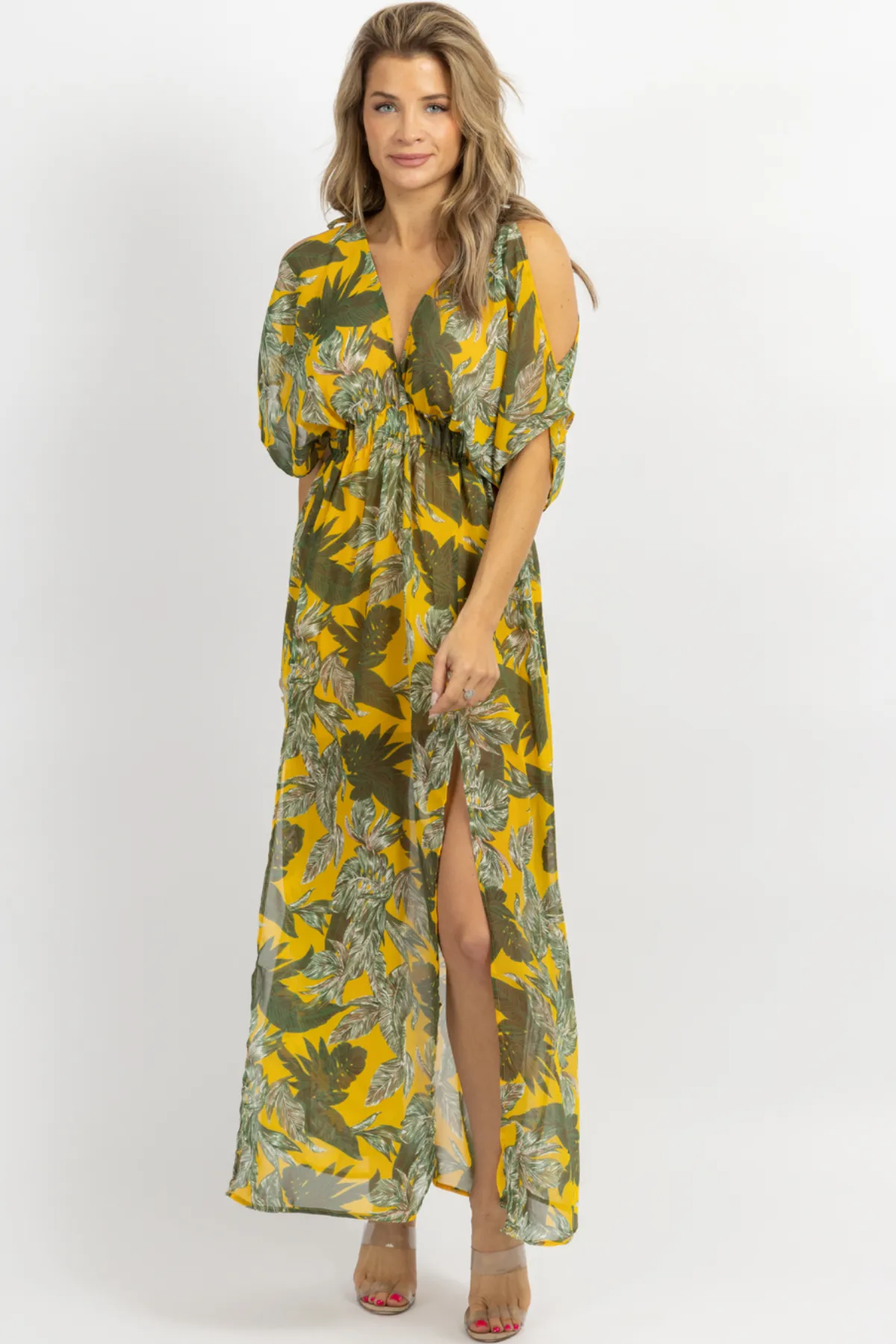 YELLOW PALM COLD SHOULDER MAXI DRESS