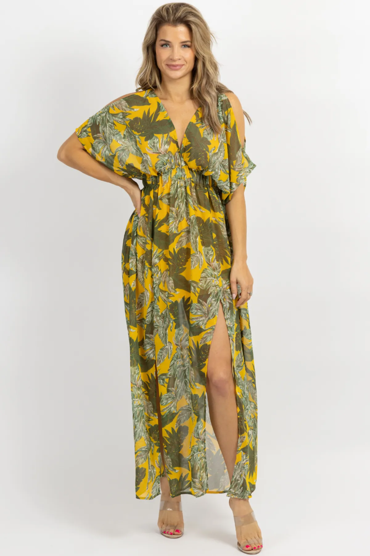 YELLOW PALM COLD SHOULDER MAXI DRESS