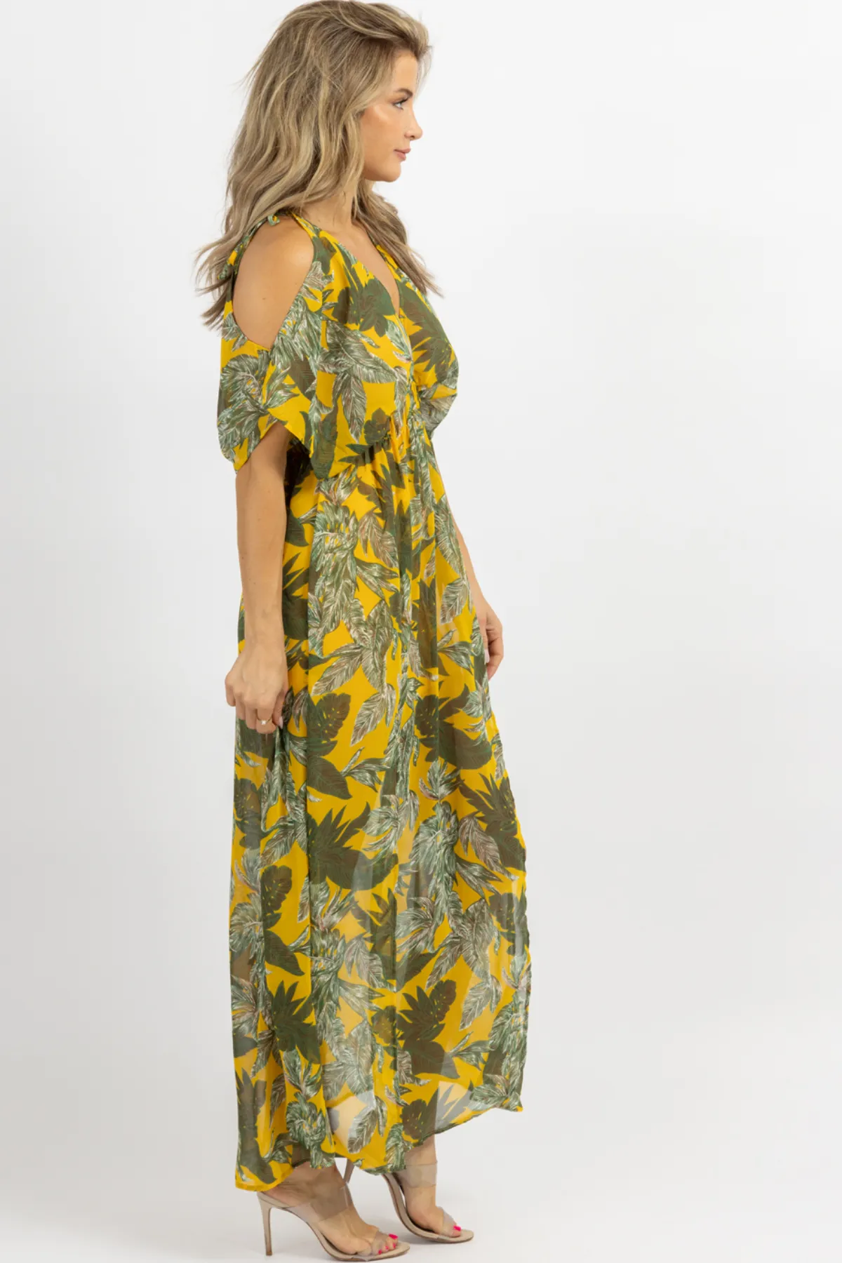 YELLOW PALM COLD SHOULDER MAXI DRESS