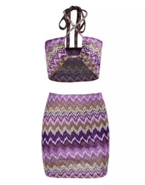 Zigzag Print Bra Top and Skirt Matching Set