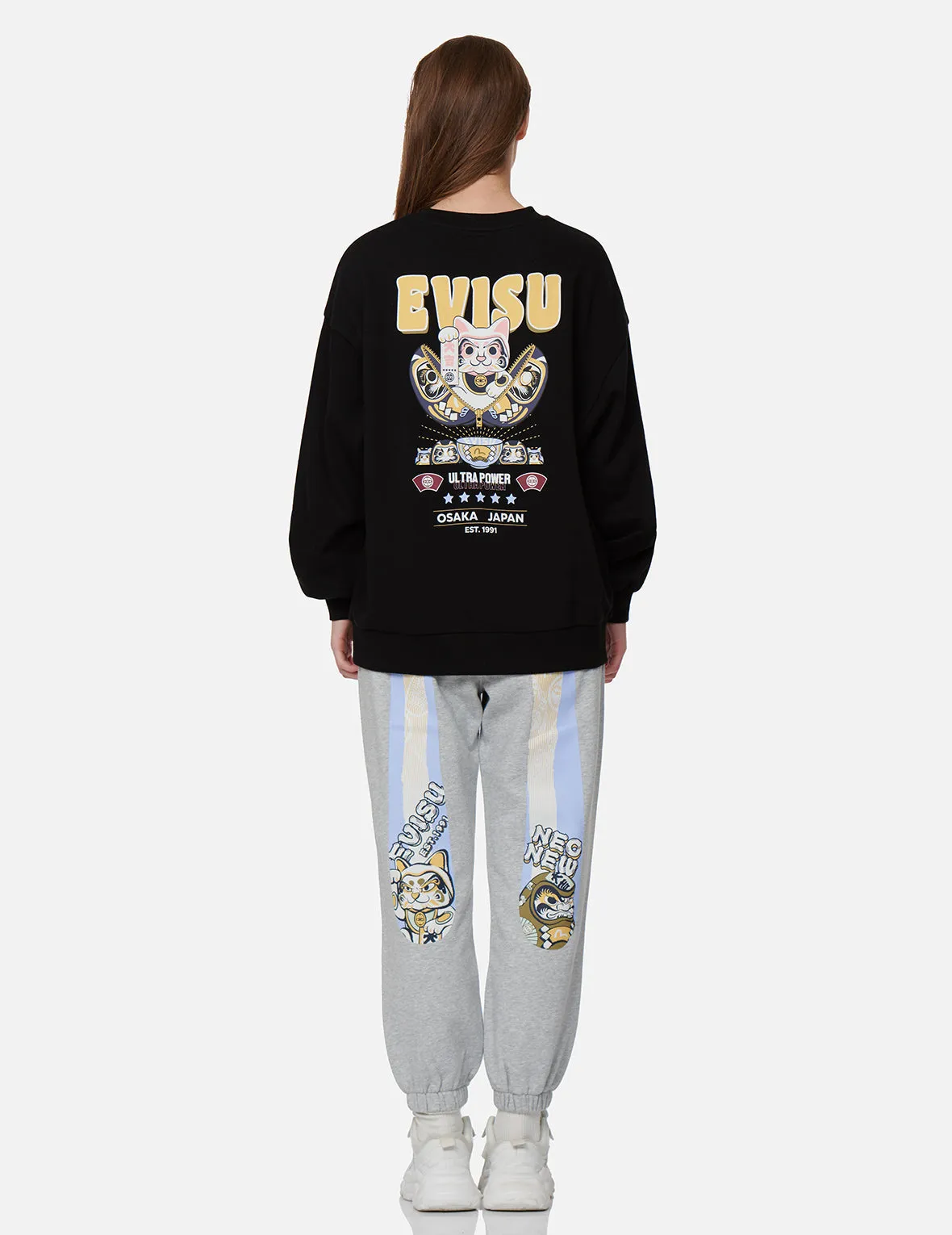 Zip-up Daruma and Fortune Cat Print Sweatshirt